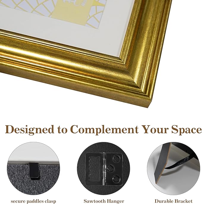 VIOLABBEY 11x14 Picture Frame Gold, Photo Frames, Fits Pictures 8x10 with Mat or 11 x 14 without Mat, Display for Tabletop and Wall