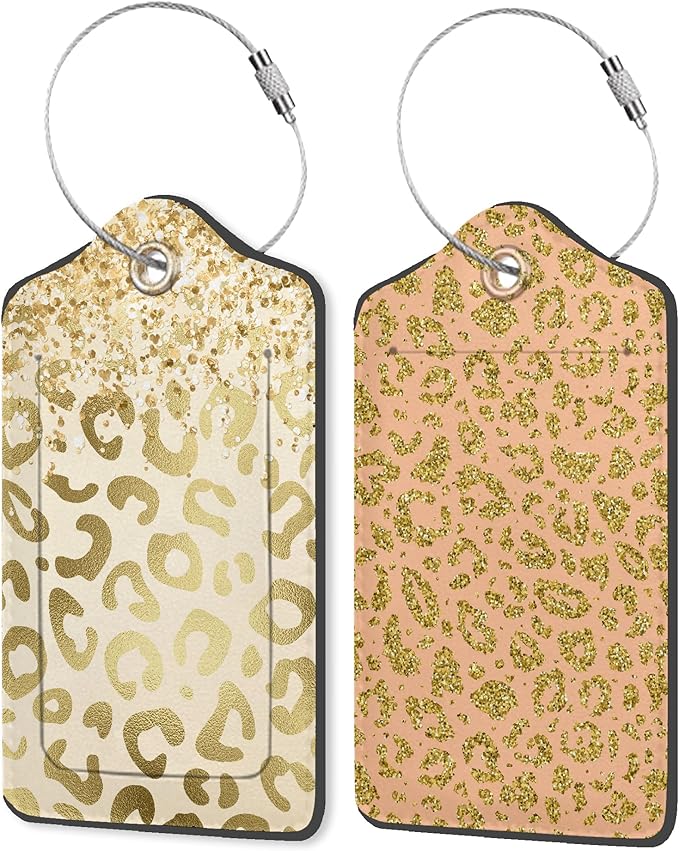 Golden Leopard Print 2 Pack PU Leather Luggage Tags with Stainless Steel Loop, Funny Travel Labels with Privacy Cover ID Label for Quick Spotting