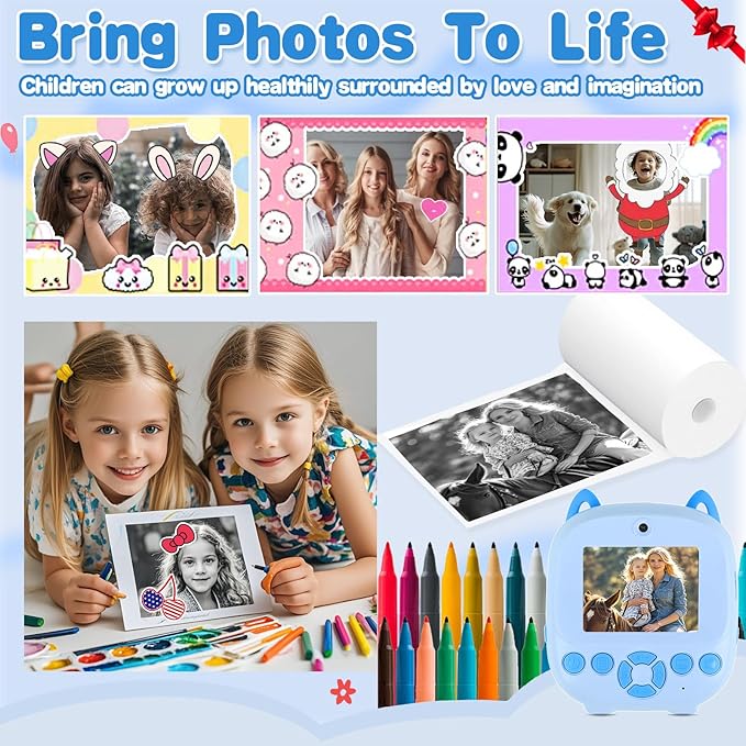 Kids Camera Instant Print, 32G 1080P HD Dual-Lens Selfie Digital Cameras, Christmas Birthday Gifts for Girls Boys, Toddler Portable Toys for 3 4 5 6 7 8 9 10 Year Old Girl-Blue