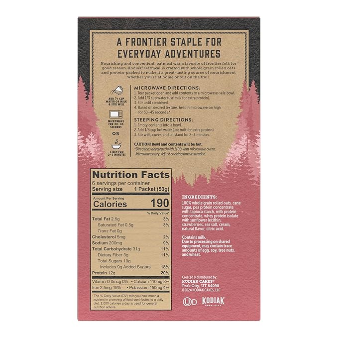 Kodiak Instant Oatmeal Packets, Strawberries & Cream, High Protein, 100% Whole Grains, 6 boxes with 6 packets each (36 packets total)