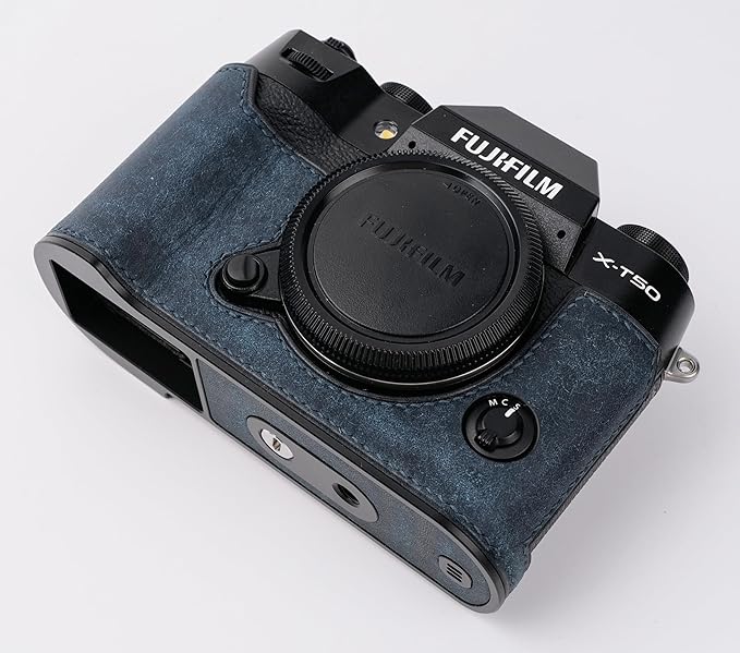 handmade Genuine Leather Camera Half Case for Fujifilm X-T50 - Top Layer Cowhide Body + Metal Base Plate - Hand Shank Free Design (Dark Blue)