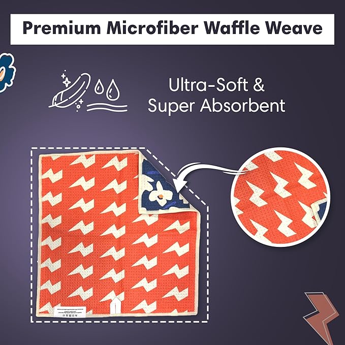 crae. Reversible Microfiber Washcloths 12x12 – Super Absorbent, Quick Drying Waffle Weave – Lint-Free, Scratch-Free Cleaning Cloths for Kitchen, Home, Cars & Windows (Aqua Daisy- Blue/Orange)