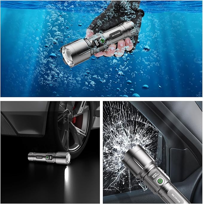 SKYFIRE Rechargeable Flashlights High Lumens with Ignition Lens&White Yellow Blue Light,5000mAh Super Bright Flashlight with 5 Modes& Zoomable,Tactical LED Flash Light for Outdoor,Home& Gift