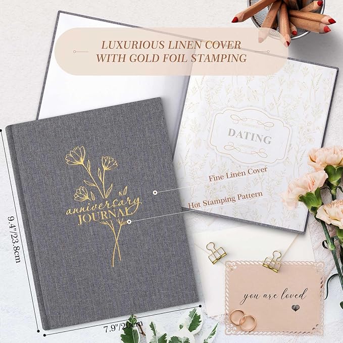 Lanpn Wedding Anniversary Journal Notebook - Linen First Year to 70th Anniversary Scrapbook Memory Book for Couples - Newlywed Marriage Journal Wedding Anniversary Book Gifts (Grey, 190 Pages)