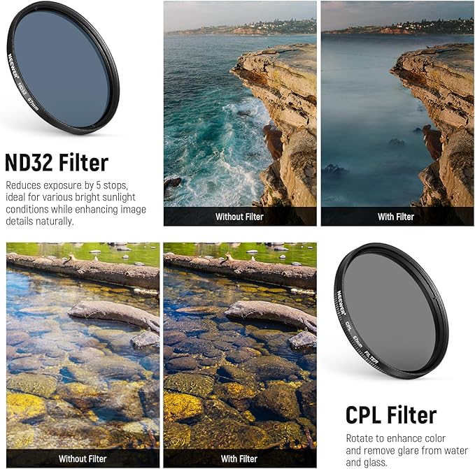 NEEWER 67mm ND Filter Set Compatible with iPhone, 7 Pack Clip On CPL Circular Polarizing + ND32 + Starlight + GND (Red/Orange/Yellow/Blue) Phone Camera Lens Photography Accessories Kit, FL-P12