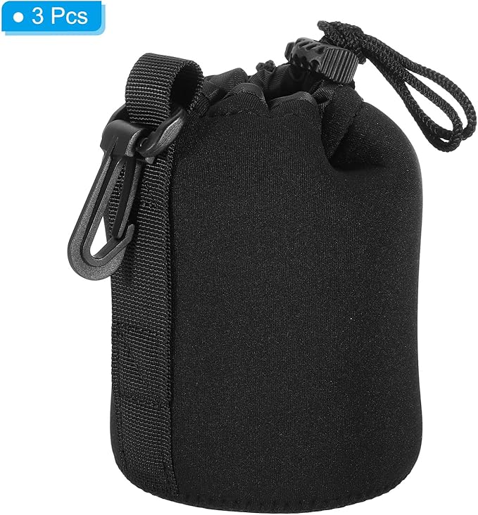 PATIKIL Camera Lens Bag, 3 Pcs 3.3" ID x 5.5" H Drawstring Lens Pouch with Thick Protective Neoprene, Lens Case for DSLR Camera Lens, Water Coffee Cups Black