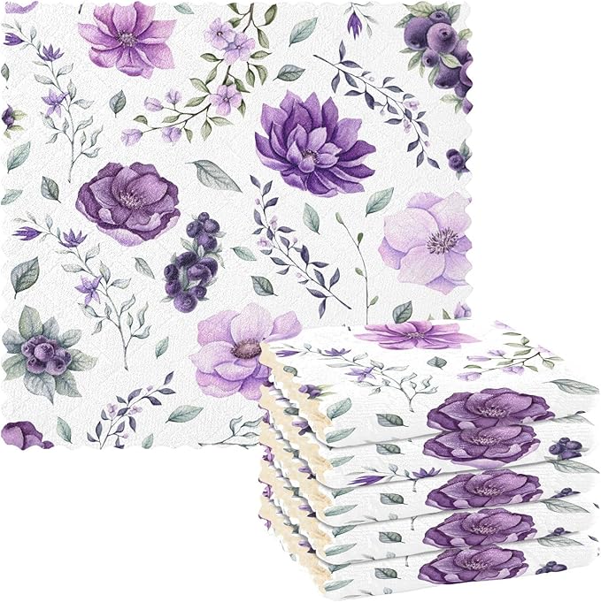 CaTaKu Purple Floral Watercolor Microfiber Cleaning Cloths Kitchen Dish Cloth Dish Rags for Washing Dishes, Reusable Dish Towels Washcloths for Kitchen Drying,6 Pack