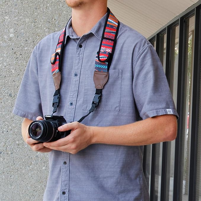 USA Gear TrueSHOT Camera Strap Neoprene Camera Straps - Padded Neck Strap, Pockets, and Quick Release Buckles - Compatible with Canon, Nikon, Sony and More DSLR and Mirrorless Cameras (Southwest)