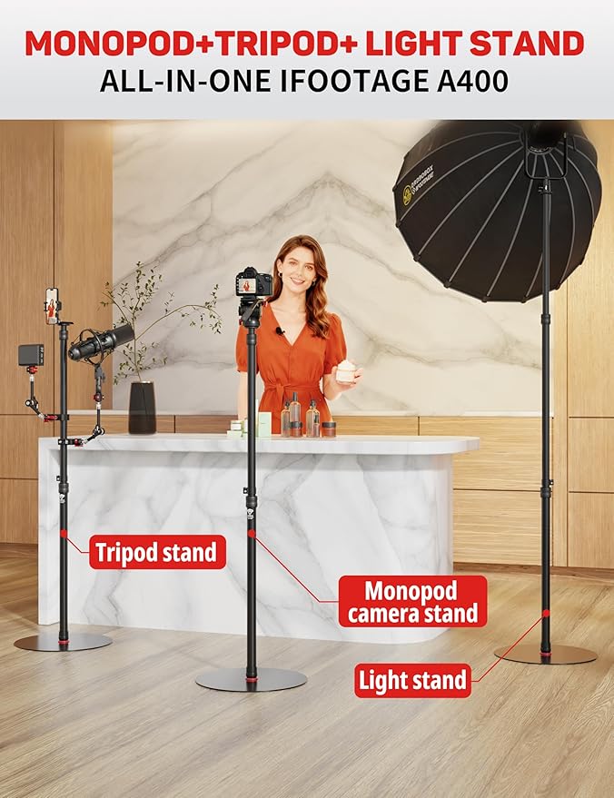 IFOOTAGE A400 Round Base Monopod, 79'' Studio Light Stand with Flat Base, Aluminum Camera Tripod Monopod Stand for Video Recording, Live Streaming, Interview, Payload 22lb (2 Pack)