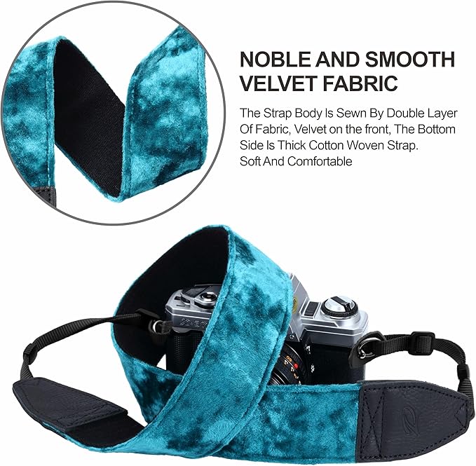 Padwa Lifestyle Peacock Blue Velvet Camera Strap - 2" Double Layer Full Grain Cowhide Leather Head Camera Straps for Photographers,Unique Soft Velvet Fabric with Quick Release fits all Cameras