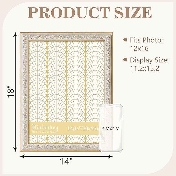 VIOLABBEY 12x16 Picture Frame White, Vintage Photo Frames Ornate without Mat for Wall Hanging
