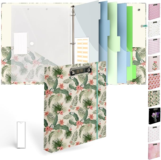 Etzul 3 Ring Binder 1 inch with Clipboard - Tropical Palm Leaf Design, Includes Dividers, File Bag & Spine Label - Perfect for School, Office, and Organization, Holographic Waterproof Film