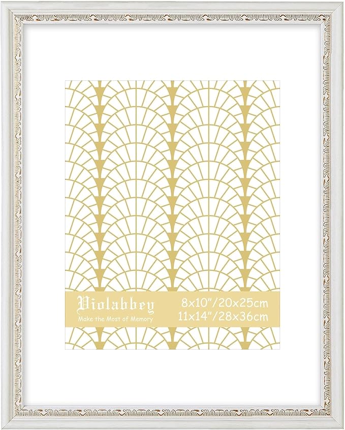 VIOLABBEY 11x14 White Gold Picture Frame, Display 8x10 Photo with Mat or 11x14 without Mat, Ornate Vintage 11 x 14 White Gold Frame for Wall Decor or Tabletop Display