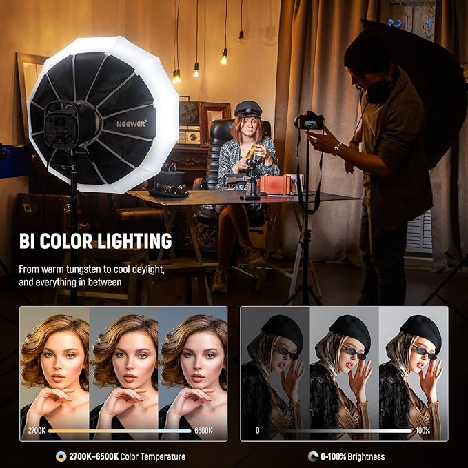 NEEWER CB120B 120W LED Video Light with 2.4G&APP Control COB Bi Color 2700K-6500K 78000lux at 1m/CCT Mode/CRI97/12 Scenes/Bowens Mount Continuous Output Lighting for Studio Photography/Video Recording