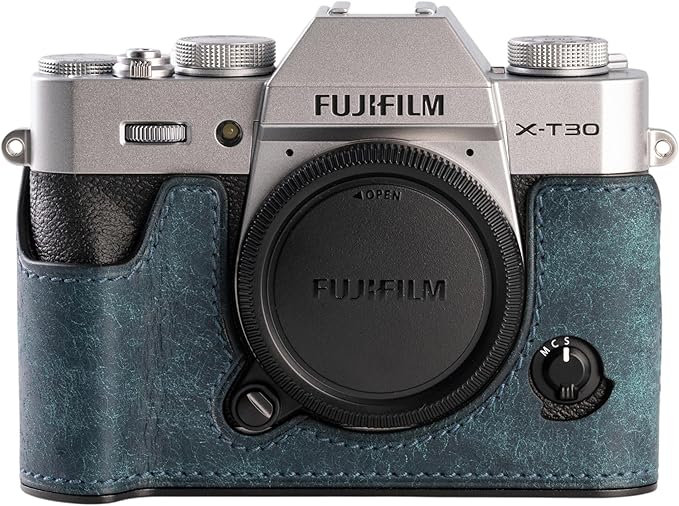 Handmade Genuine Leather Camera Half Case for FUJIFILM X-T30III /FUJIFILM X-T30III Camera Case/FUJIFILM X-T30III Case - Top Layer Cowhide Body + Metal Base Plate (Matte-Blue)
