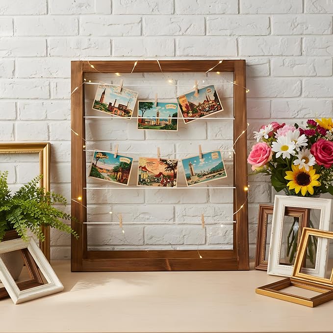Sintuff Walnut Wood Photo Display Rack with Clips Farmhouse Picture Collage Board Graduation Standing Picture Frame Clothesline Photo Display Stand Decor for Postcard (Flat Edge,29 × 24 Inches)