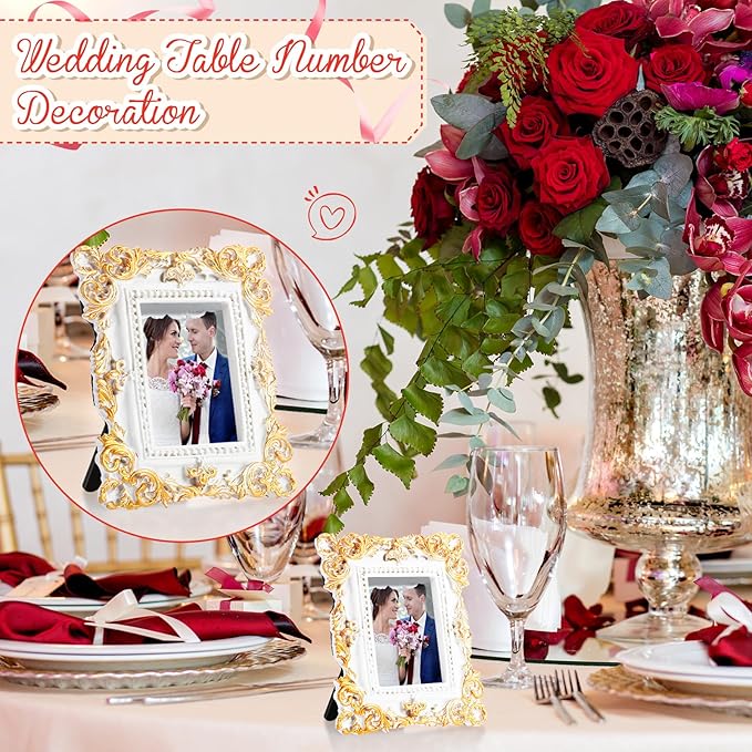 Maitys 5 Pcs Mini Picture Vintage Frames with Stands Tiny Antique Photo Baroque Ornate Resin Oval Frame Table Top Display Home Wedding Decor (White Gold)