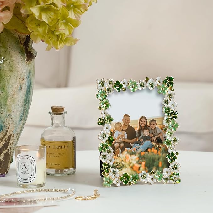 Green Flower Picture Frame 4x6 Blossom Photo Frame for Tabletop Display, Decorative Flower Design Home Decor