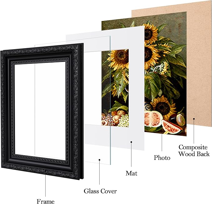 eletecpro 8x10 Picture Frames Set of 4, Vintage Photo Frame with Glass Cover, Black Frames 8 x 10 Display 5x7 Photo with Mat or 8x10 without Mat for Tabletop or Wall Decor, Black