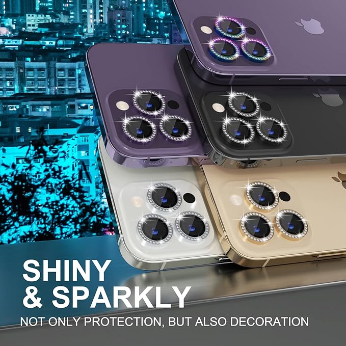 Choiche Compatible for iPhone 14 Pro/iPhone 14 Pro Max Camera Lens Protector Bling, 9H Tempered Glass Camera Cover Screen Protector Metal Ring Decoration Accessories (Diamond-Colorful)