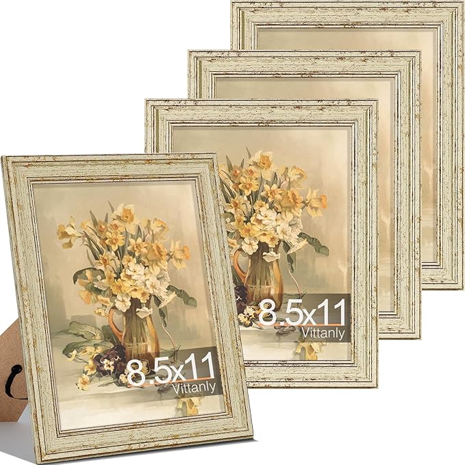 Vittanly 8.5x11 Picture Frame Set of 4, Vintage Photo Frame for Wall Mount, Display 6x8 Pictures with Mat or 8.5x11 without Mat, Rustic Farmhouse Home Decor, Green Gold