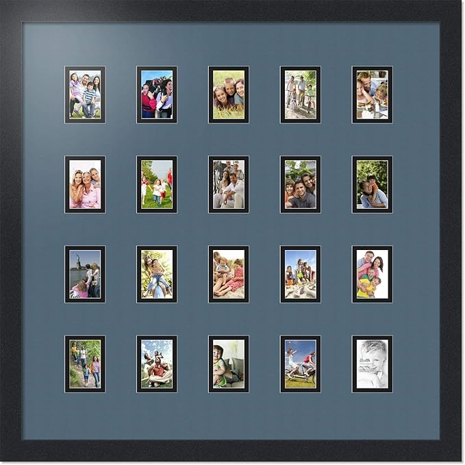ArtToFrames Collage Photo Frame Double Mat with 20-2x3 Openings with Satin Black Frame and Dutch Blue mat.