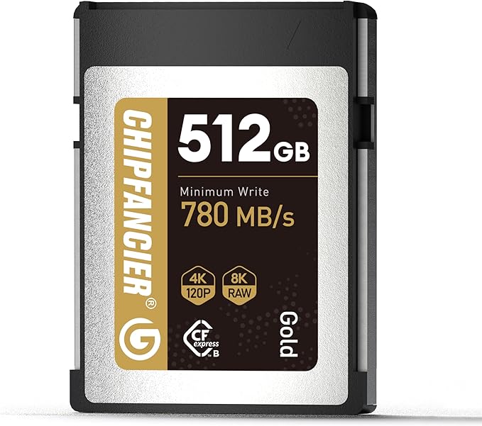 CHIPFANCIER CFexpress 2.0 Type B 512GB Memory Card Up to 1750MB/s Read 1420MB/s Write-Raw 8K Video Recording Compatible with Nikon D5/D6/Z7/Z9 Panasonic Canon EOS DJ for Photographers Gold