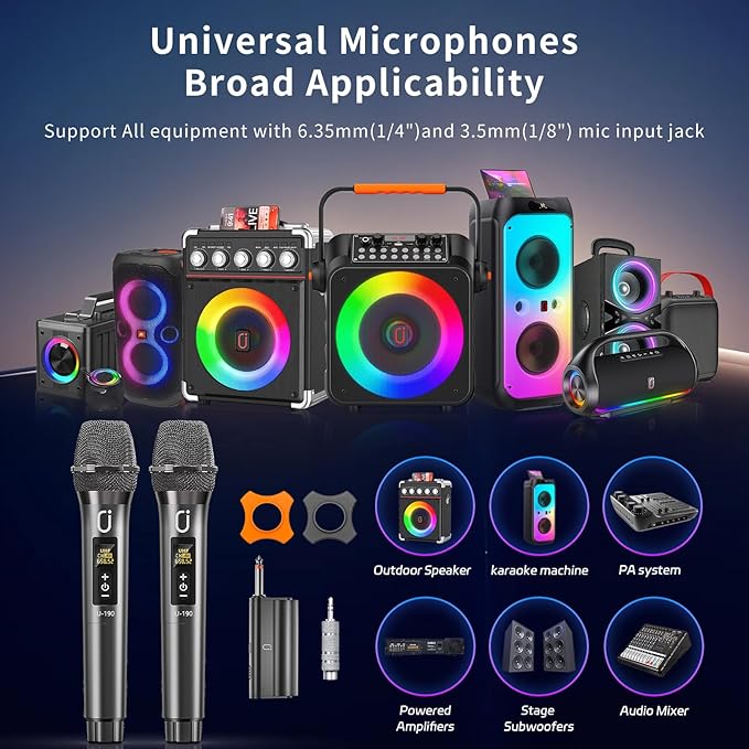 Karaoke Microphone Wireless Mic, Universal Professional UHF Dynamic Mic System with Receiver, Handheld Cordless Microphones for Singing,Wedding, DJ, Party, Speech, Church, Plug and Play