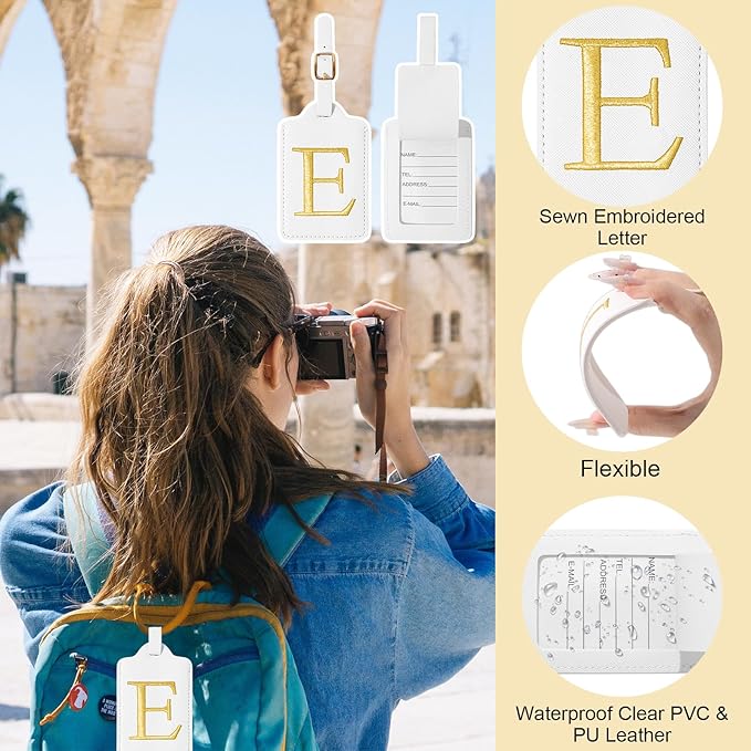Initial Luggage Tags for Suitcases, Cute Embroidered Letter Luggage Bag Suitcase Identifier Name Baggage Tag, PU Leather Travel Luggage Tags, Bag Tags for Men Women Kids Luggage Handbags(White E)