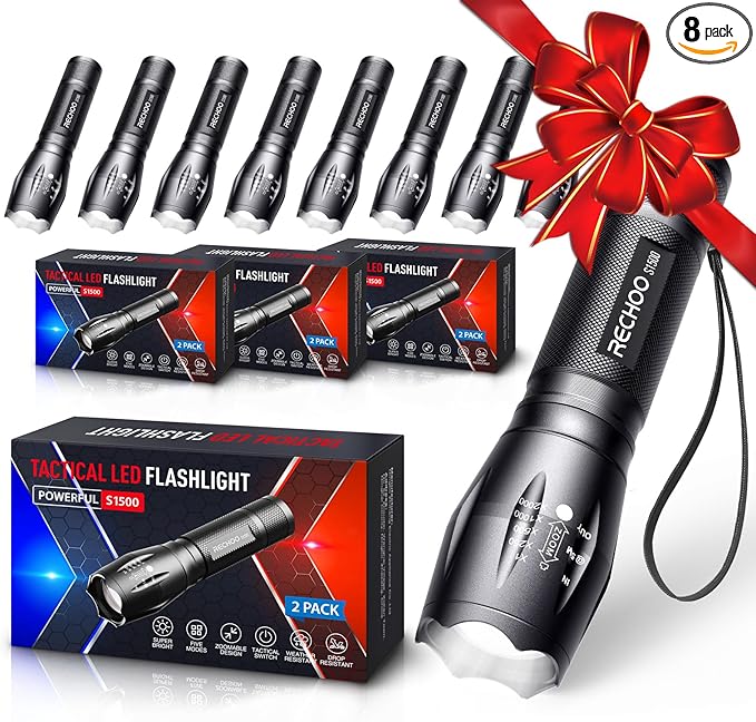 RECHOO 8 Pack LED Flashlight, Bright Powerful Flash Light with 5 Lighting Modes, Small Zoomable Tactical Flashlights High Lumens, Waterproof EDC Flashlights for Home, Camping, Emergency - S1500
