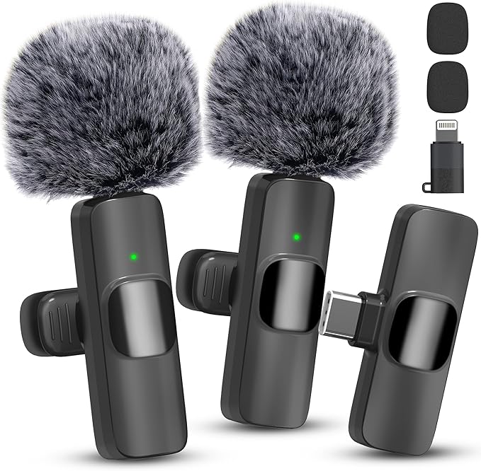 Wireless Microphone for iPhone, Android Wide Compatibility Noise Reduction Clear Sound Lavalier Microphone for Podcast, Video Recording, Live Streaming, YouTube, Tiktok, Vlog, 2 Pack