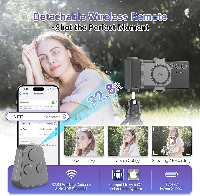 KIWIFOTOS Travel Phone Camera Grip Smartphones Camera Handle with Remote Control & Cold Shoe Mount for iPhone 17 16 Pro Max Samsung S24 S25 Selfie Vlog Video Shooting-Gray