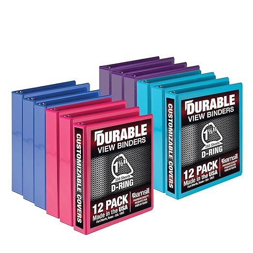 Samsill Durable 1.5 inch 3 Ring Binder, Made in USA, D Ring Binder, FSC 100% Recycled Chipboard, Fashion Assortment, 12 Pack