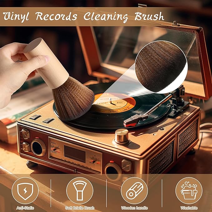 3 Pcs Vinyl Record Cleaning Brush Wooden Anti Static Dust Record Vinyl Cleaner Kit Player Accessories Gift for Music Lovers(Light Wood Color)