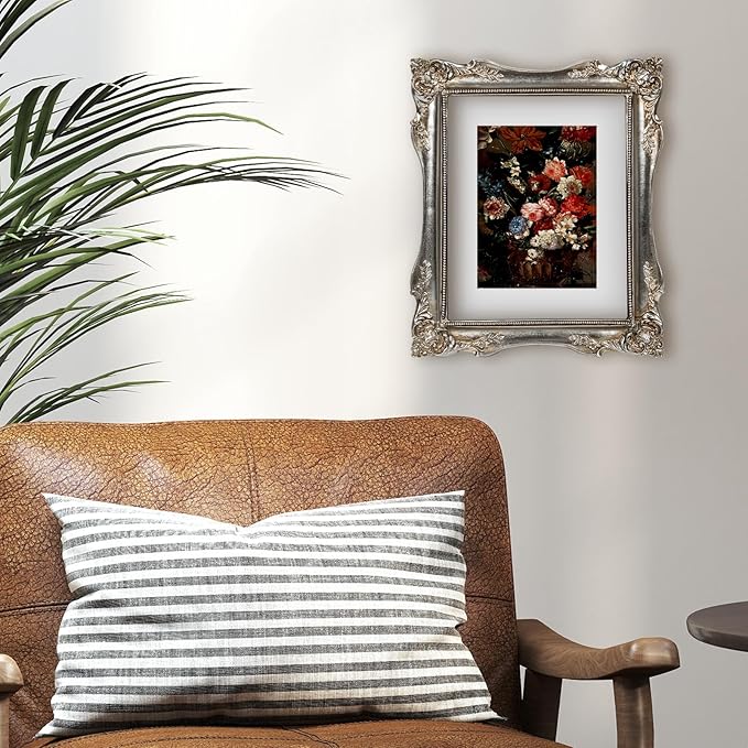 Vintage Picture Frame 8x10, Ornate Baroque Gothic Victorian Frames with Mat for 5x7 or 8x10 Photos, Tabletop or Wall Display, Antique Silver Home Decor Accent