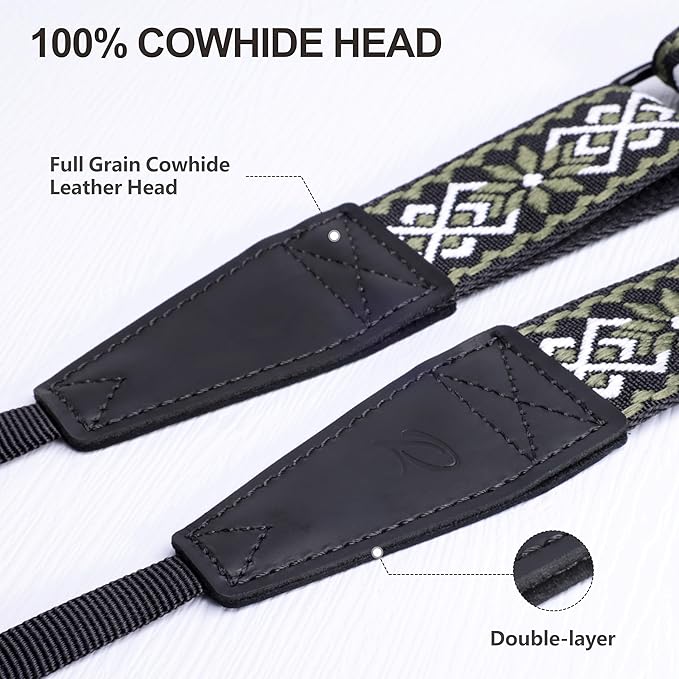 Padwa Lifestyle Adjustable Camera Strap - 1.5" Full Grain Leather Ends Camera Straps for Photographers, Adjustable Neck Shoulder & Crossbody Cotton Strap Quick Release for Cameras and Binoculars