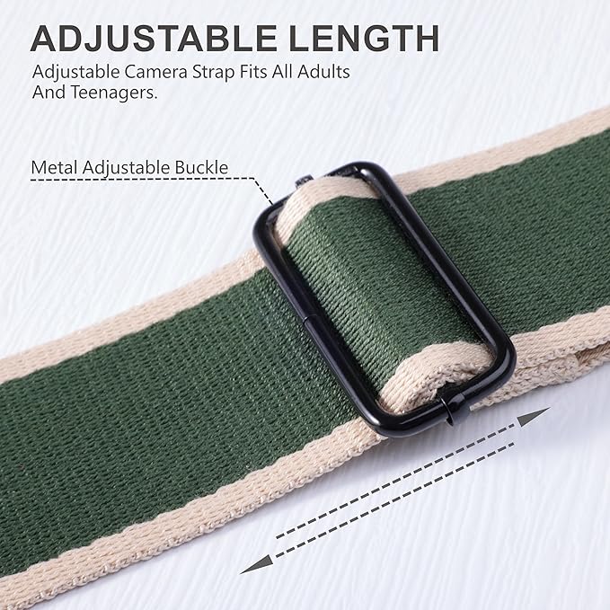 Padwa Lifestyle Adjustable Camera Strap - 2" Top Layer Cowhide Head Camera Straps for Photographers,Soft Cotton Crossbody Strap with Quick Release fits All Cameras - Green Stripe