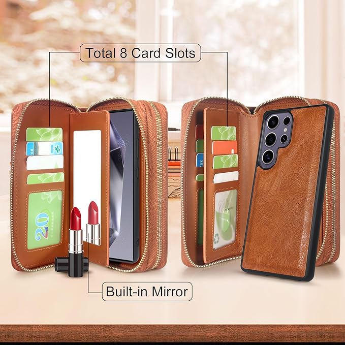 Harryshell Compatible with Samsung Galaxy S25 Ultra Case Wallet Multi Zipper Detachable Removable Cover Purse with Card Slots Holder Mirror Crossbody Wrist Strap for 6.9 inch (Light Brown)