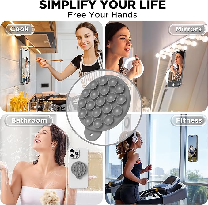 Magnetic Suction Cup Phone Mount with MagSafe, Silicone Hands-Free Grip Holder for iPhone Case and Android, Mirror Shower Phone Stand for Makeup FaceTime Gym Kitchen Bathroom, Gray