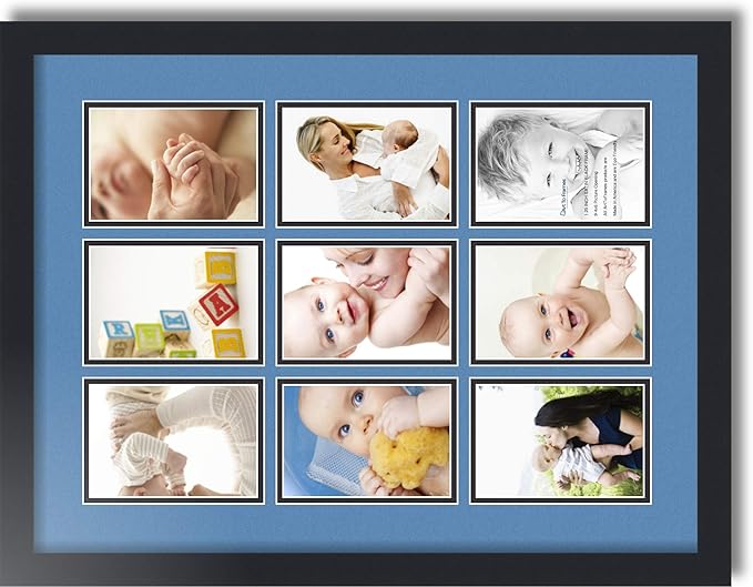 ArtToFrames Collage Photo Frame Double Mat with 9-4x6 Openings with Satin Black Frame and Liberty Blue mat.
