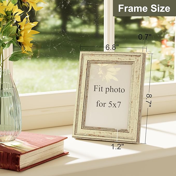 Vittanly 5x7 Picture Frame Set of 4, Vintage Photo Frame for Wall or Tabletop, Display 5x7 Pictures, Rustic Farmhouse Home Decor, Green Gold