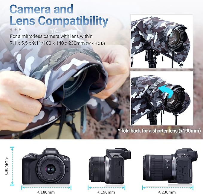 JJC Camera Rain Cover Sleeve for Canon Nikon Sony Fujifilm Mirrorless Camera with Lens Below 7.1x5.5x9.1” (WxHxD), Nylon Camera Rain Coat Protector with Zippered See Through Windows-Camouflage Gray