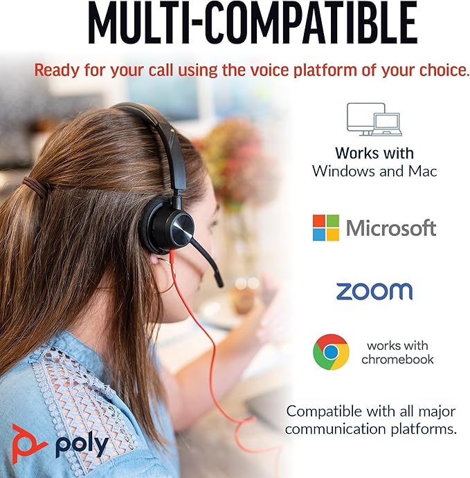 Poly Blackwire 3320 Wired Headset (Plantronics) – Flexible Microphone Boom – Hi-fi Stereo - Connect to PC/Mac via USB-C or USB-A - Works with Teams/Zoom - Amazon Exclusive