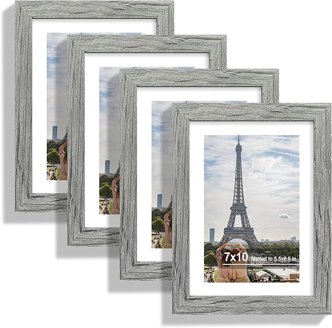7x10 Picture Frame Set of 4, Made of Real Glass and Grey Frame - Display 5.5 x 8.5 Diploma Frame with Mat or 7x10 Without Mat, 7 by 10 Photo for Wall or Tabletop