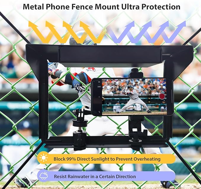 Magicbox Phone Fence Mount with Magnetic Shade Pro - 360° Adjustable Phone/Camera Bracket for iPhone, Samsung, GoPro & Mevo Start - Baseball, Softball, Tennis Sports Mounting Kit for Gamechanger