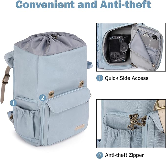 BAGSMART Camera Backpack, DSLR Camera Bag, Waterproof Camera Bag Backpack for Photographers, Fit up to 15" Laptop with Rain Cover and Tripod Holder, Light Blue