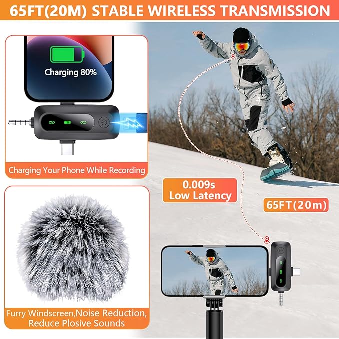 3 in 1 Wireless Lavalier Microphone for iPhone, iPad, Android, Camera, 2 Pack Professional Mini Microphone LED Display Clip on Mic with Noise Reduction for Video Recording TikTok YouTube Vlog