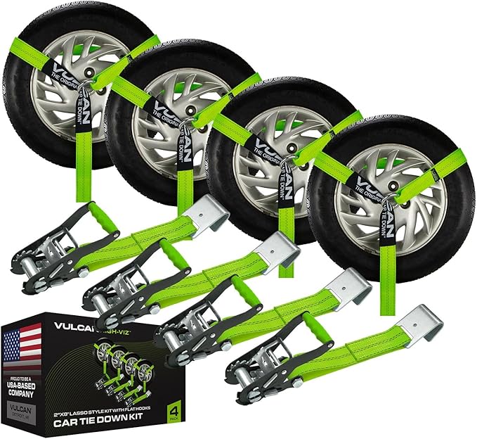 VULCAN Car Tie Down with Flat Hooks - Lasso Style - 2 Inch x 96 Inch - 4 Pack - High-Viz - 3,300 Pound Safe Working Load