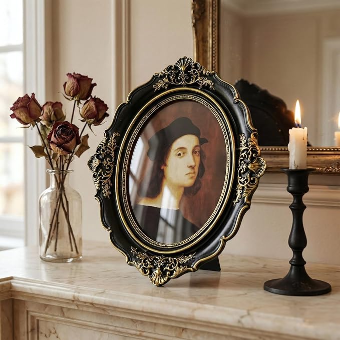 Cuspin 5x7 Picture Frame Black and Gold, Vintage Ornate Baroque Resin Photo Frame with Glass Front for Wall Hanging or Tabletop Display, Oval Frames for Horizontal or Vertical