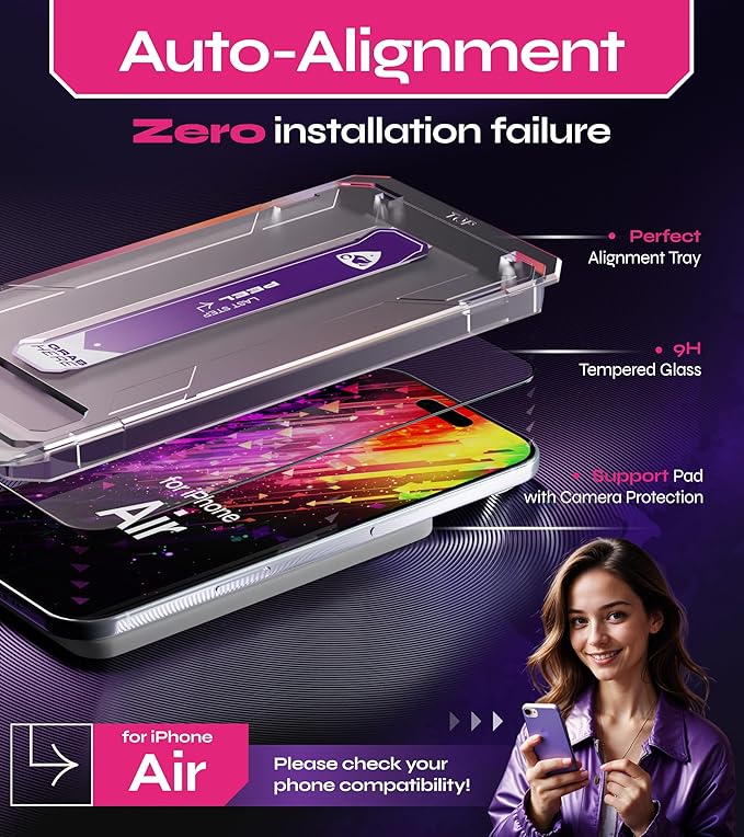 Defenslim for iPhone AIR Screen Protector (2Pack), Easy Auto-Align Install Kit, 6.5" Tempered Glass, 9H Hardness, Ultra HD Clear, Case Friendly, EasyShield